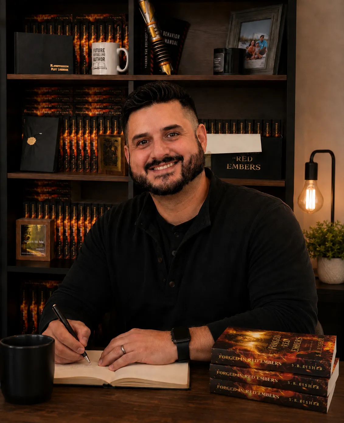 S.R. Risher, author, signing copies of Forged in Red Embers