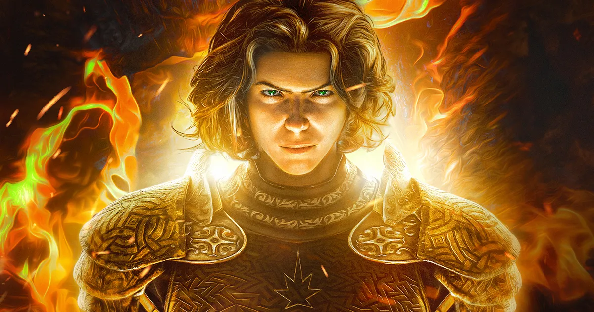 Alynor, armored in gold, wreathed in fire
